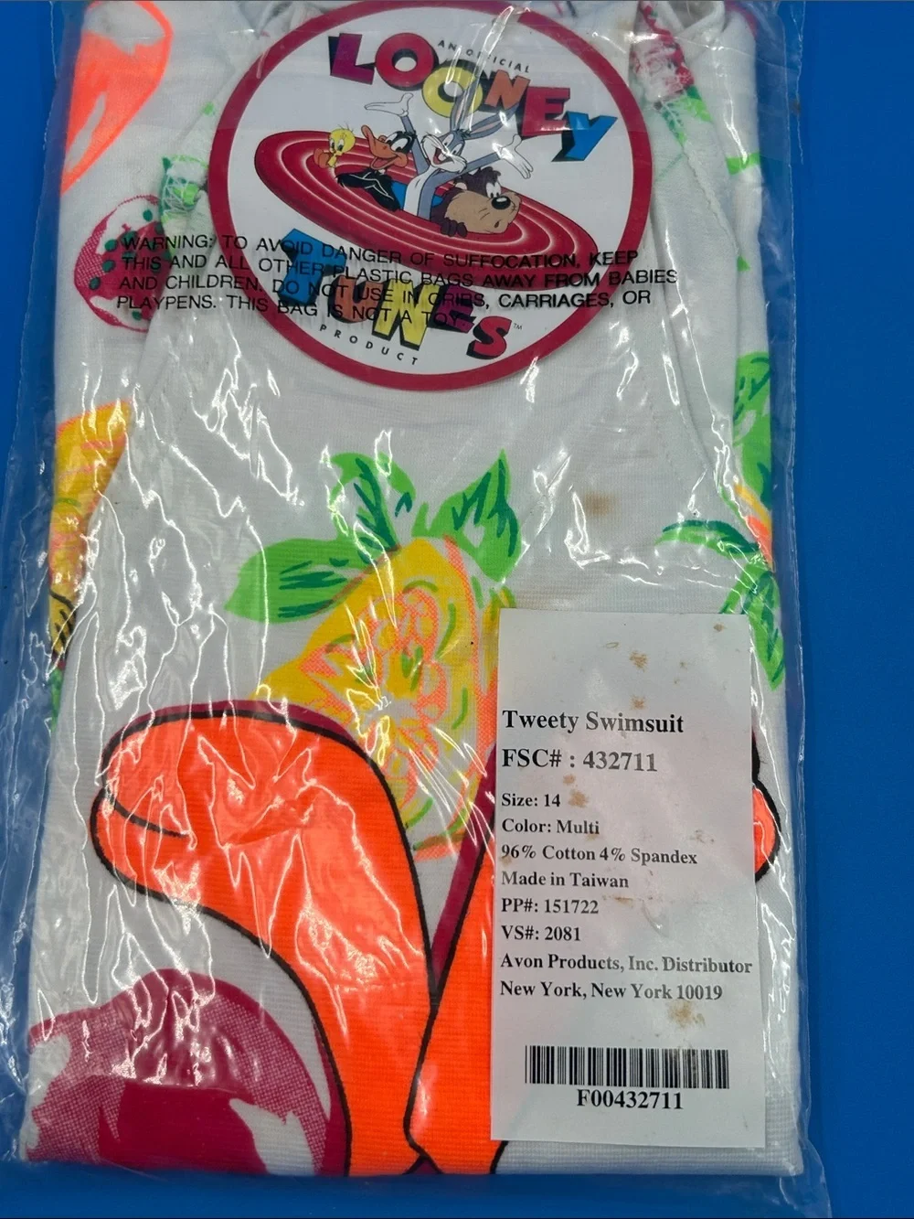1997 new old stockAvon Kids One-Piece Swim Cover-Up Tweety Bird Yellow Blue Pink